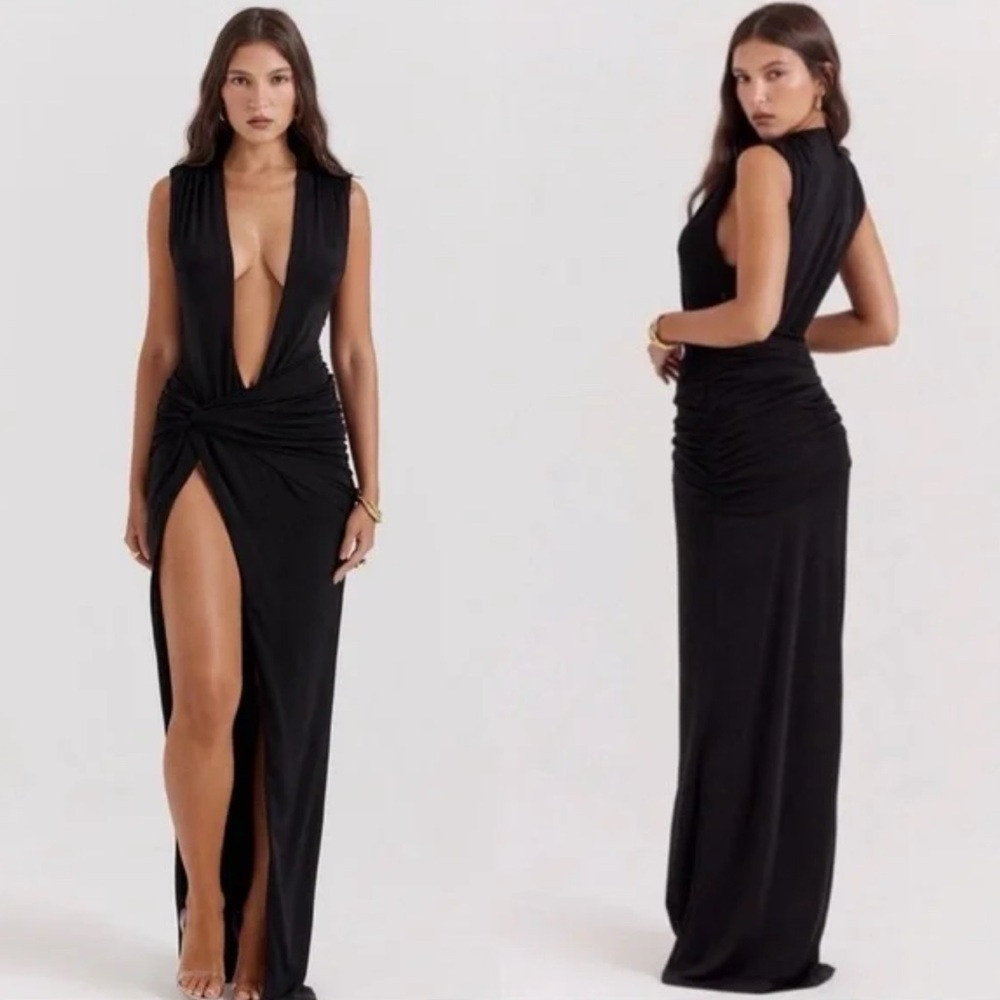House of CB Black Long V Black Dress
